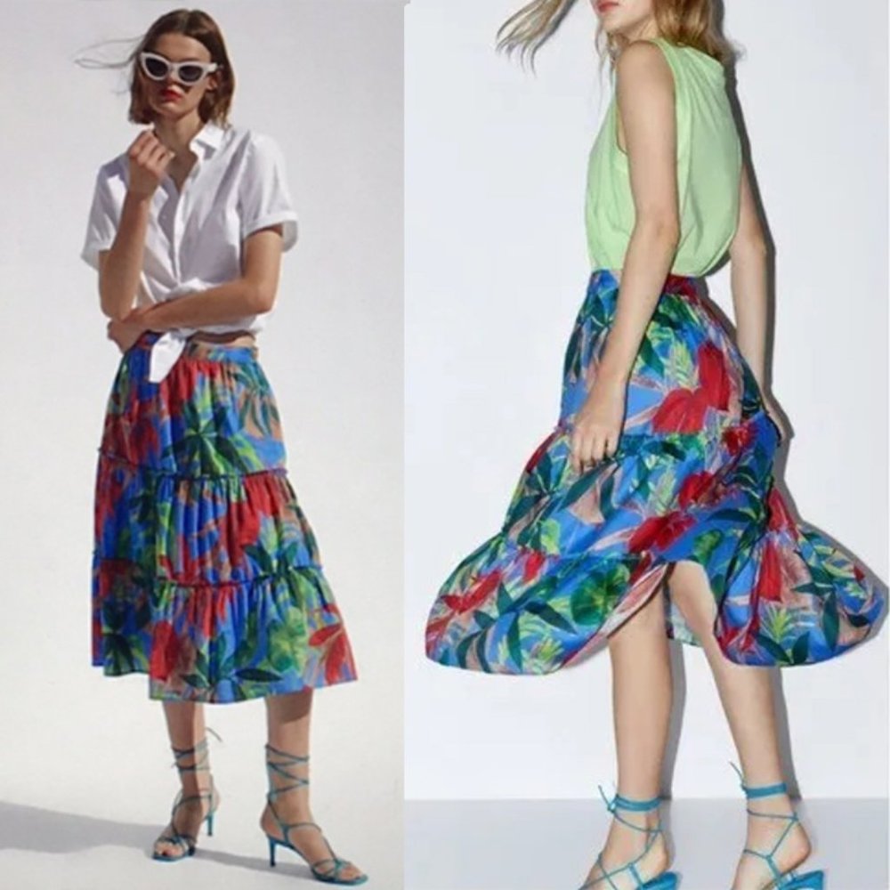 NWOT ZARA Colorful Tropical Tiered Ruffle Skirt